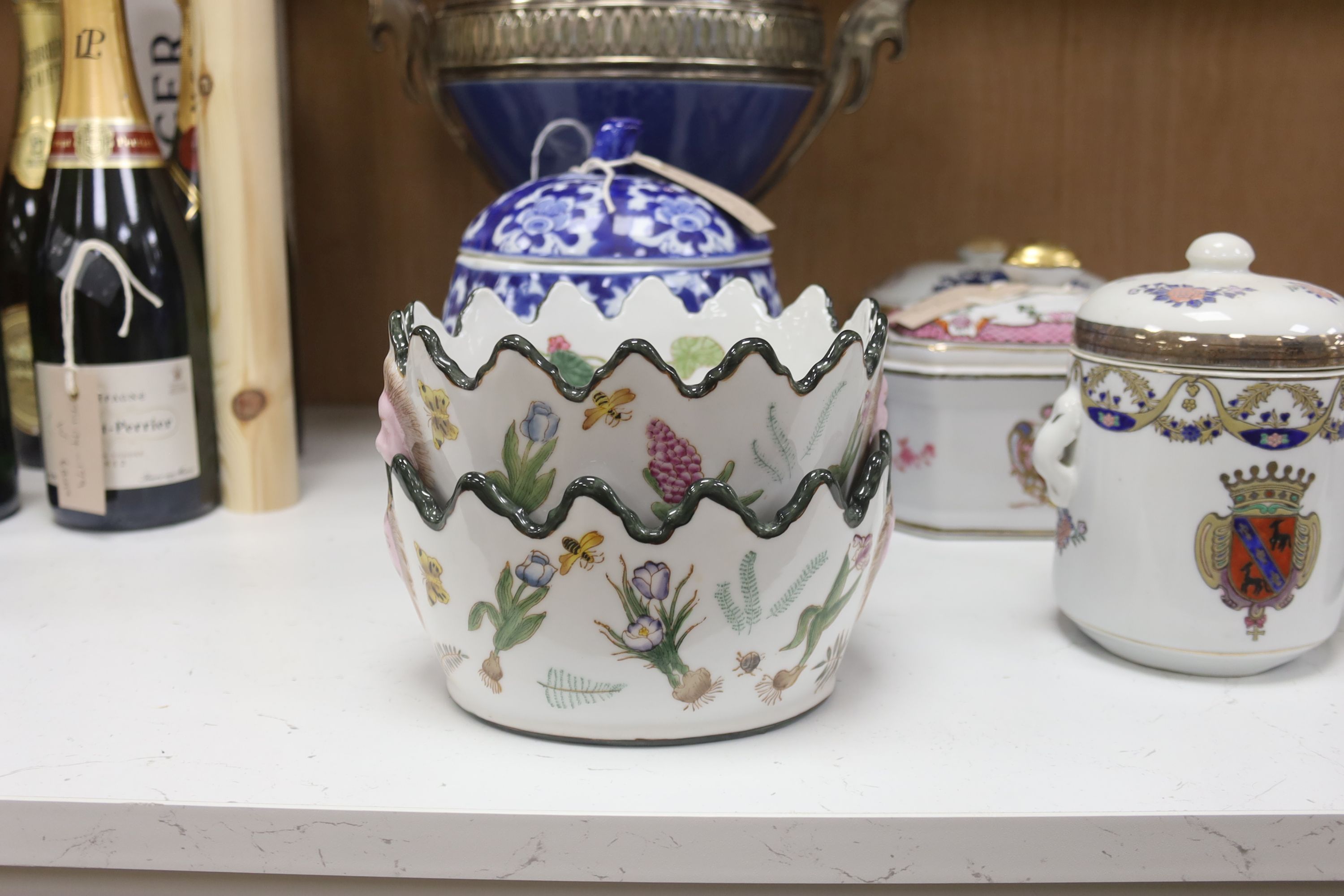 A large blue ground two-handled pedestal vase with metal mounts and sundry ceramics